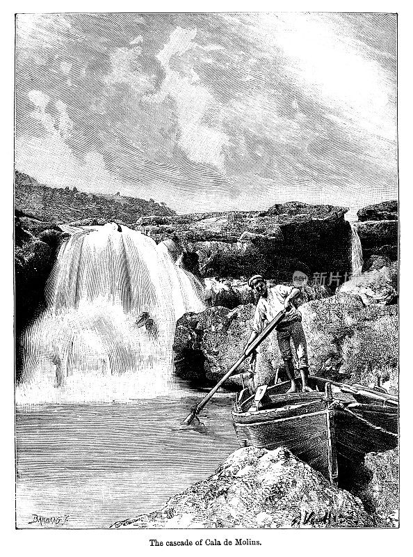 维多利亚时代的雕刻“Cala de Molins的瀑布”马略卡人在瀑布附近的一艘船上;19世纪的旅游景点。